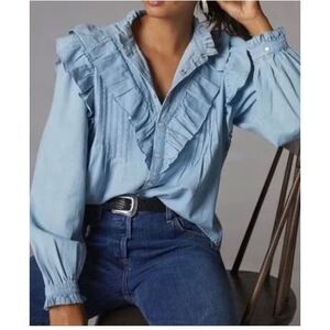 Love The Label Anthropologie Denim Shirt Ruffled Snap Front Size XS cottagecore